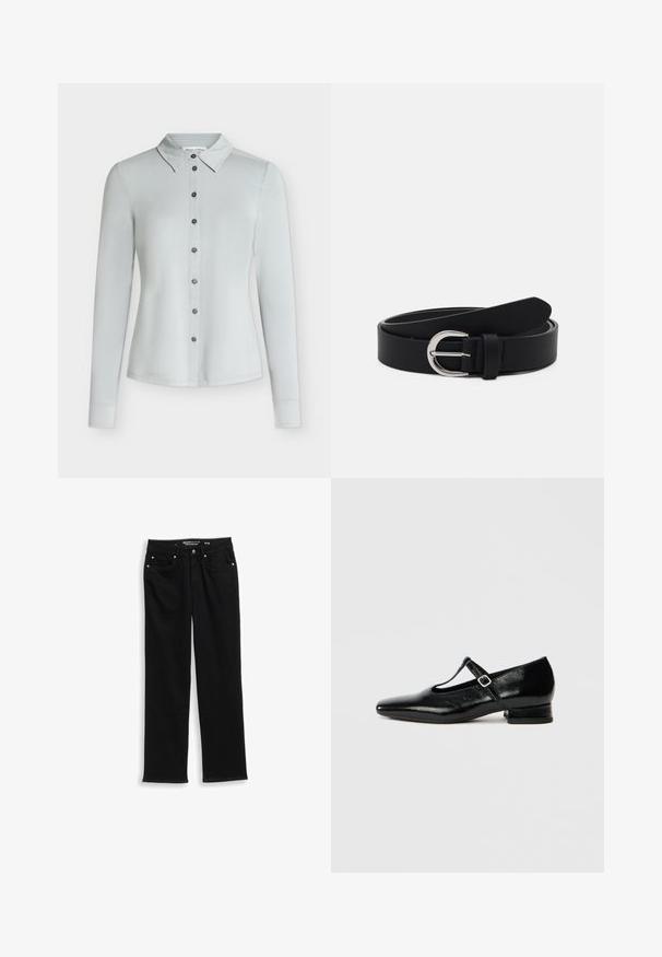 Chemise gris clair à manches longues, boutonnée, avec col, sept boutons foncés sur le devant et ourlet droit.; Jean en denim noir à coupe droite, avec fermeture par boutons, cinq poches et des coutures discrètes le long des coutures.; Chaussures Mary Jane en cuir noir avec bout pointu, petit talon carré et bride ajustable avec une boucle argentée. Texture lisse et brillante.; Ceinture en cuir noir avec une boucle ronde en métal argenté, design plat, extrémité effilée, texture lisse et style minimaliste.