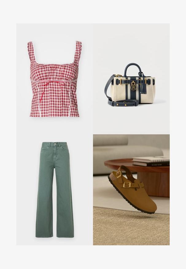 Rode en witte geruite stoftop met een vierkante halslijn, geplooid ontwerp, verstelbare rode strik en witte kantaccenten langs de randen.; Groene denim jeans met hoge taille en wijde pijpen, voor met knoop, ritssluiting en vijfzakkenstijl.; Bruine leren sandaal met gouden gespen zwevend boven een beige geweven vloerkleed, een houten salontafel met opgestapelde boeken en een lichtgekleurde bank op de achtergrond.; Kleine beige canvas handtas met navy leren handvatten, riem, verticale strepen en gouden hardware, inclusief een slot met verweven initialen.