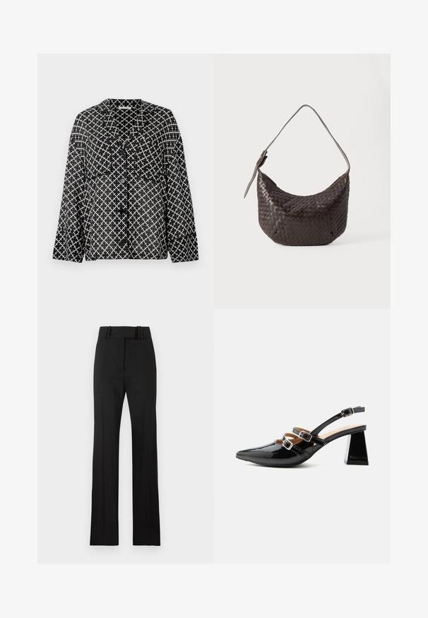 Chemise à motif noir et blanc avec col, poches avant et boutons. Présente un design géométrique à trames croisées sur un tissu léger.; Pantalon noir taille haute ajusté avec passants de ceinture, jambes droites et fermeture éclair frontale, présenté sur un fond uni.; Escarpin slingback en cuir verni noir avec deux brides avant à boucle et un talon épais évasé de 6 cm sur fond clair uni.; Sac à bandoulière en cuir tressé marron foncé avec une forme arrondie, une sangle ajustable et un léger éclat. Dispose d'une fermeture éclair sur le dessus.