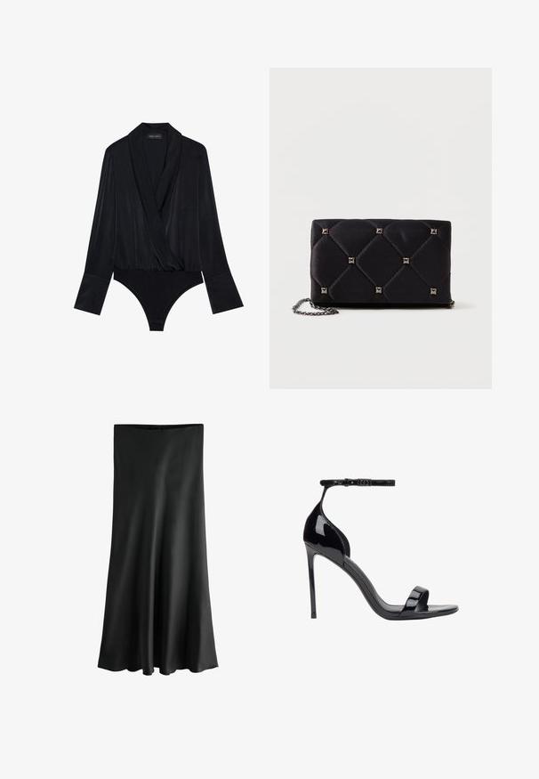 Zwarte lange mouwen bodysuit met een wikkeldesign, gemaakt van gladde stof. Heeft een diepe halslijn en een aansluitend lijfje met een klassieke snit onderkant.; Zwarte, knie-lange rok van een gladde, soepelvallende stof. Heeft een rechte snit bij de taille en een uitlopende zoom voor een vloeiende silhouet.; ESTRO Sandalen - black; Zwarte gewatteerde satijnen clutch met zilveren piramide studs, kettingriem, rechthoekige vorm en een gladde textuur. Afmetingen van 10 cm x 18 cm x 4 cm.