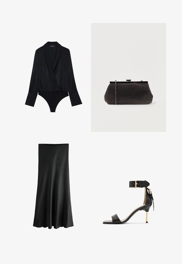 Bodysuit noir à manches longues avec un design enveloppant, fabriqué en tissu lisse. Présente un décolleté plongeant et un buste ajusté avec un bas à coupe classique.; Jupe noire, longueur genou, avec un tissu lisse et fluide. Présente une coupe droite à la taille et un ourlet évasé pour une silhouette fluide.; Sandale à talon en cuir noir avec un bout carré, une bride de cheville dotée d'une boucle en or et un talon métallique fin. Texture lisse, design minimaliste.; Pochette noire en mesh avec une silhouette structurée, ornée de petits clous métalliques, dotée d'une fermeture à clip et d'une bandoulière en chaîne détachable.