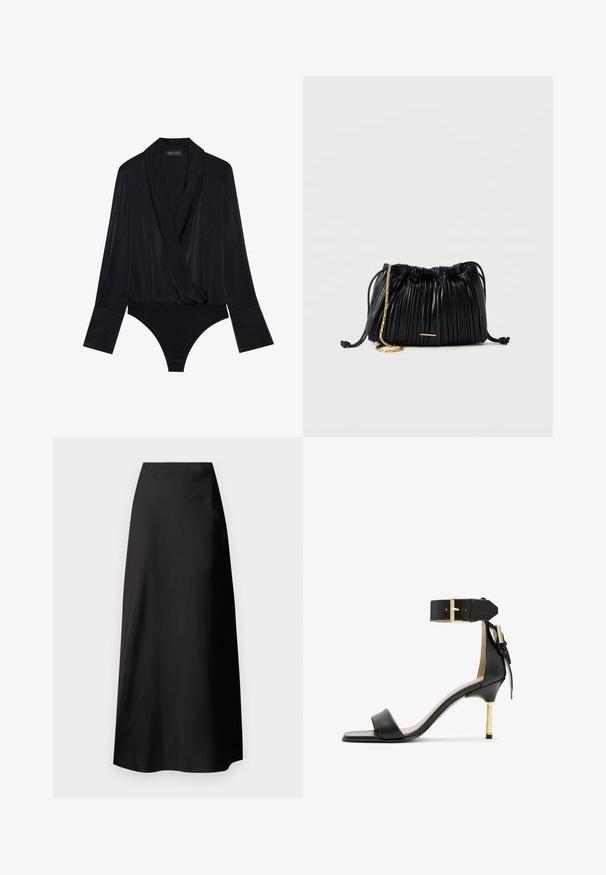 Zwarte lange mouwen bodysuit met een wikkeldesign, gemaakt van gladde stof. Heeft een diepe halslijn en een aansluitend lijfje met een klassieke snit onderkant.; Zwarte satijnen maxi rok met een gladde textuur, hoge taille, vloeiende silhouet en zonder zichtbare patronen of hardware details.; Zwarte leren sandalen met hak en vierkante neus, enkelband met een gouden gesp en een slanke metalen hak. Soepele textuur, minimalistisch ontwerp.; Zwarte plissé leren handtas met trekkoord, gouden kettingriem en een klein horizontaal gouden accent aan de voorkant.