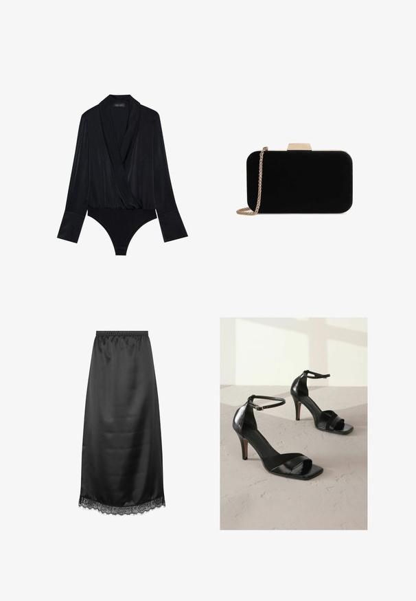 Body negro de manga larga con diseño cruzado, hecho de una tela suave. Presenta un escote profundo y un corpiño ajustado con un corte clásico en la parte inferior.; Falda midi de satén negro con cinturilla elástica y detalle de encaje en el dobladillo.; Next REGULAR FIT - SIGNATURE - Sandalias de tacón - black; Clutch de terciopelo negro con herrajes en tono dorado, de forma rectangular y con correa de cadena, que presenta una textura suave y sin patrones visibles.