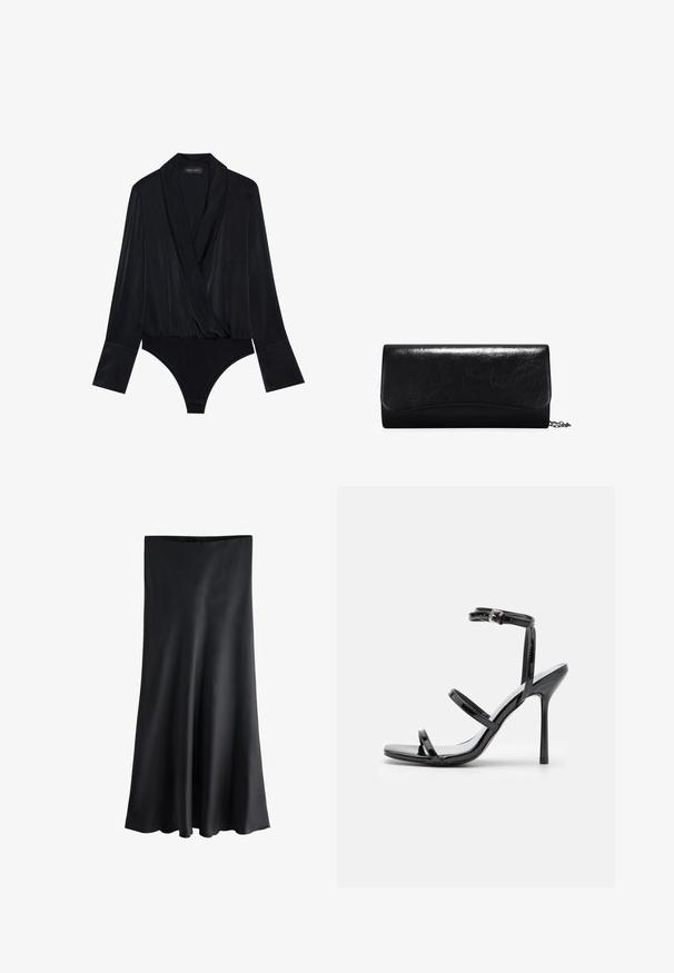 Body negro de manga larga con diseño cruzado, hecho de una tela suave. Presenta un escote profundo y un corpiño ajustado con un corte clásico en la parte inferior.; Falda midi de satén negro con textura suave, cintura alta y ligera abertura en el dobladillo, mostrada sobre un fondo blanco.; Sandalias de tacón alto de charol negro con tres tiras horizontales y una correa en el tobillo ajustable. Silueta elegante y acabado brillante.; Clutch de cuero negro con una textura suave, forma rectangular y detalles con borde en la parte delantera. Incluye una correa de cadena desmontable.