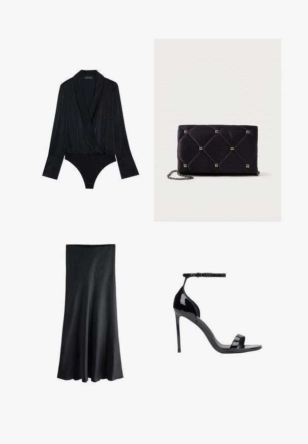 Bodysuit noir à manches longues avec un design enveloppant, fabriqué en tissu lisse. Présente un décolleté plongeant et un buste ajusté avec un bas à coupe classique.; Jupe midi en satin noir avec une texture lisse et une légère évasée à l'ourlet, conçue pour une coupe élégante et ajustée.; ESTRO Sandales - black; Clutch en satin matelassé noir avec des clous en pyramide argentés, chaîne, forme rectangulaire et texture lisse. Dimensions de 10 cm x 18 cm x 4 cm.
