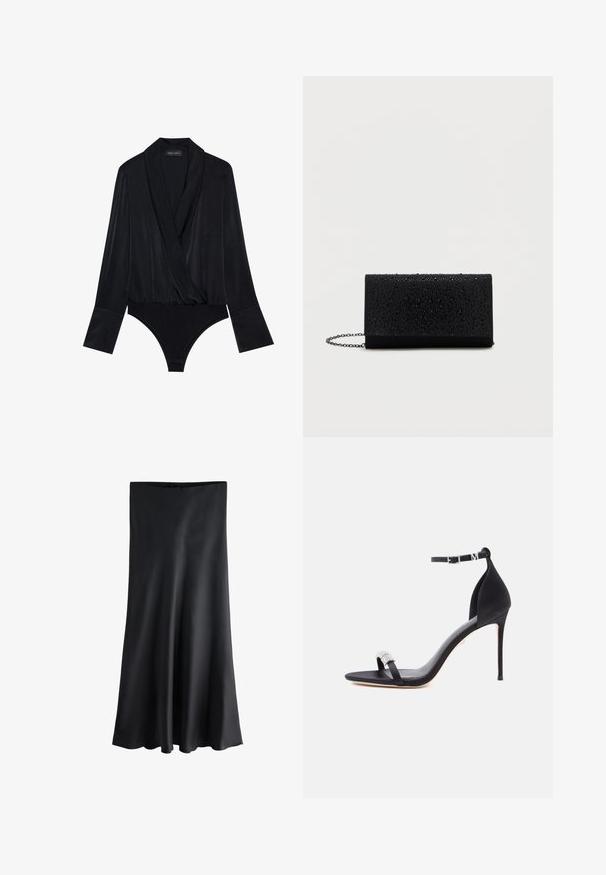 Body negro de manga larga con diseño cruzado, hecho de una tela suave. Presenta un escote profundo y un corpiño ajustado con un corte clásico en la parte inferior.; Falda midi de satén negro con textura lisa y ligero vuelo en el dobladillo, diseñada para un ajuste elegante y estilizado.; Sandalia de satén negro con tacón alto, una delgada correa, hebilla en el tobillo y un adorno decorativo de pedrería en la correa delantera.; Billetera de mano negra con superficie texturizada que presenta gotas elevadas, forma rectangular, correa de cadena y diseño minimalista.