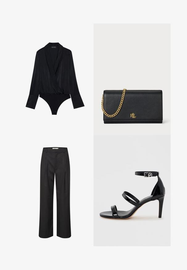 Svart langermet bodysuit med omslagdesign, laget av glatt stoff. Har en dyp halslinje og tettsittende overdel med klassisk snitt på bunnen.; Sorte bukser med bred benvidde, glattere tekstur, plissert front, belteholdere og skreddersydd design. Materialet gir et polert utseende.; Sort høyhælte sandal i lakkskinn med tre tynne remmer og en ankelstropp med rund spenne.; Svart lærpung med en gyllen kjedehank, med et gyllen logo foran. Minimalistisk design med en glatt tekstur og slank form.