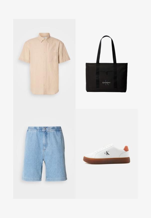 Camisa de botones de manga corta en color beige, hecha de algodón, con un bolsillo frontal y un pequeño parche con logo en el lado izquierdo.; Pantalones cortos de mezclilla azul claro con cintura elástica, cierre frontal con botón, bolsillos laterales y un diseño de corte recto. Longitud a mitad del muslo.; Zapatilla blanca de corte bajo con suela marrón, lengüeta naranja en el talón, cordones y logo "cK" en el lateral.; Bolso tote negro de Calvin Klein con dos asas largas y bolsillo delantero, con el logo de la marca en blanco y gris.