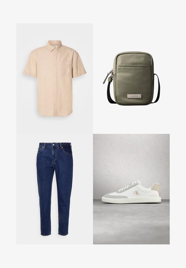 Beige Kurzarmhemd aus Baumwolle mit einer Vorderentasche und einem kleinen Logo-Patch auf der linken Seite.; Dunkelblaue Jeans mit geradem Bein, vorderer Knopf- und Reißverschluss, Gürtelschlaufen sowie Vorder- und Gesäßtaschen.; Weißer Calvin Klein Sneaker mit beigen Wildlederakzenten und Logo, schwebend über einem glatten grauen Boden vor einer Glasbausteinwand.; Kompakte olivgrüne Umhängetasche mit Vordertasche, schwarzem verstellbarem Riemen, Reißverschluss und Calvin Klein Logo-Plakette.