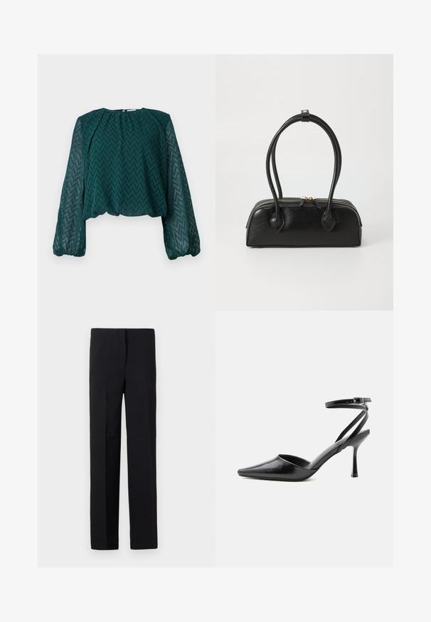 Blusa transparente de color verde oscuro con patrón en zigzag, mangas largas abullonadas y cuello y dobladillo fruncidos.; Pantalones negros ajustados de corte recto, con una textura suave y sin patrones visibles. Cintura estándar y un acabado limpio.; Zapato de tacón alto negro de punta fina con delgadas correas en el tobillo y cierre de hebilla plateada sobre un fondo liso claro.; Bolso de mano de cuero negro con dos asas alargadas, cierre de cremallera y forma redondeada; textura suave con un acabado ligeramente brillante.