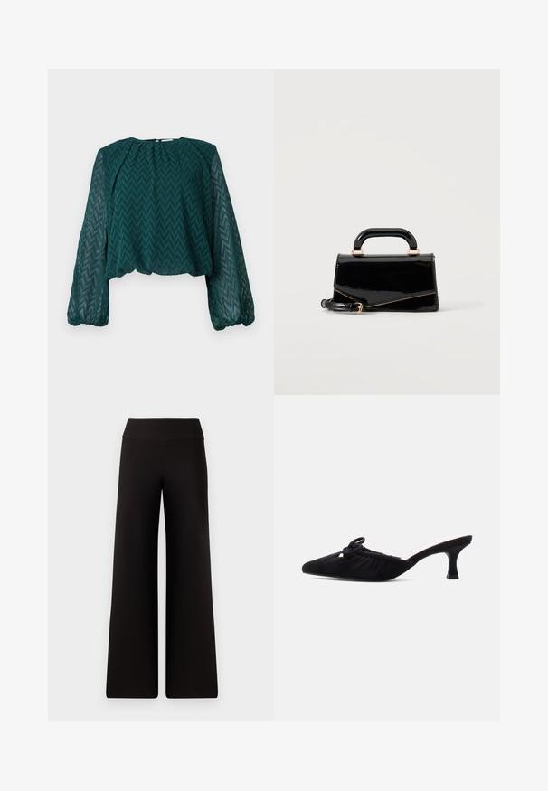 Donkergroen doorschijnend blouse met zigzagpatroon, lange pofmouwen en geraffineerde halslijn en zoom.; Zwarte wijde broek met een soepele tailleband, gemaakt van een zachte stof. Heeft een losse pasvorm en minimale stikseldetails.; Zwarte suède mule met puntige neus, geplooide bovenkant, decoratieve strik en hak van gemiddelde hoogte, afgebeeld tegen een egale lichte achtergrond.; Zwarte glanzende rechthoekige handtas met bovenhandvat, gouden hardware en afneembare riem, geplaatst op een effen lichte achtergrond.