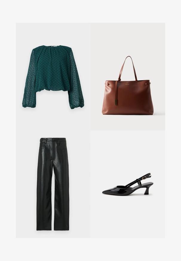 Donkergroen doorschijnend blouse met zigzagpatroon, lange pofmouwen en geraffineerde halslijn en zoom.; Zwarte leren broek met rechte pijpen, voorzien van een knoopsluiting, lussen voor een riem en twee voorzakken. Soepele textuur met een lichte glans.; Zwarte lakleren slingback kitten heel schoen met spitse neus en verstelbare gouden gespsluiting op een witte achtergrond.; Bruine leren shopper met een gladde textuur, minimalistisch ontwerp, lange handvatten en een kleine decoratieve kwast detail.