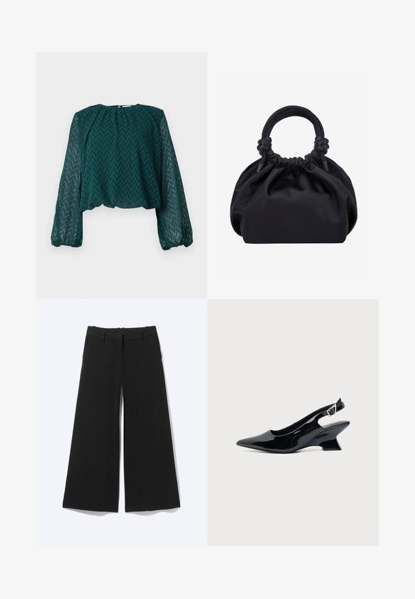 Dunkelgrüne transparente Bluse mit Zickzackmuster, langen puffigen Ärmeln sowie gerafftem Ausschnitt und Saum.; Schwarze Hosen mit weitem Bein, Gürtelschlaufen und einfachem Frontverschluss auf neutralem Hintergrund dargestellt.; Schwarzer Slingback-Schuh aus Lackleder mit spitzer Spitze und niedrigem, schrägem Blockabsatz auf einfachem hellem Hintergrund.; Schwarze weiche Stoffhandtasche mit gerafftem oberen Rand und runden, gepolsterten Griffen, die auf jeder Seite mit Knoten gebunden sind.