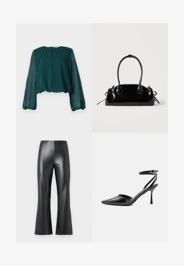Blouse transparente vert foncé avec un motif en zigzag, longues manches bouffantes et encolure et ourlet froncés.; Pantalon en simili cuir noir avec une coupe évasée, présentant une texture lisse et brillante ainsi qu'une taille haute. Apparence simple et élégante.; Escarpin noir à bout pointu avec fines brides de cheville et fermeture à boucle argentée sur fond clair uni.; Petit sac à main noir brillant avec deux longues anses et des détails à cordon sur les côtés sur un fond clair uni.