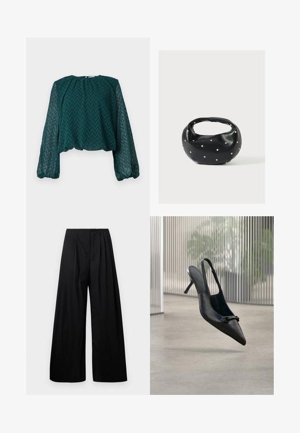 Dunkelgrüne transparente Bluse mit Zickzackmuster, langen puffigen Ärmeln sowie gerafftem Ausschnitt und Saum.; Schwarze weite Hose mit hoher Taille, versehen mit vertikalen Falten und einem Knopfverschluss. Glatte Textur, minimalistisches Design.; Schwarzer, strukturierter Leder-Slingback-Hochschuh mit spitzer Spitze und einer kleinen dekorativen Schnalle, der über einem glatten Boden zu schweben scheint.; Schwarze Lederhandtasche mit abgerundeter Form, verziert mit silbernen Nietenakzenten und kurzem Griff. Glatte Struktur und Reißverschlussverschluss.