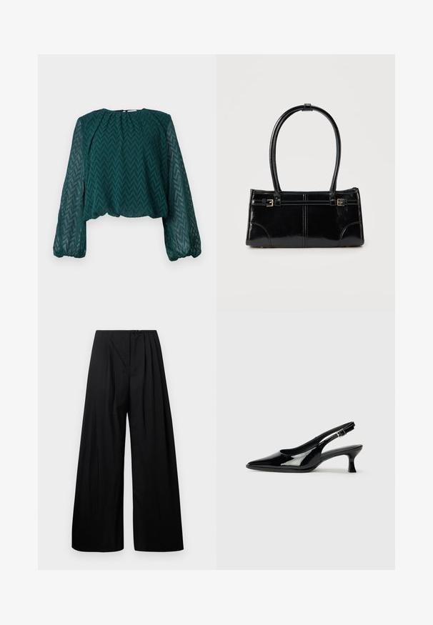 Dunkelgrüne transparente Bluse mit Zickzackmuster, langen puffigen Ärmeln sowie gerafftem Ausschnitt und Saum.; Schwarze weite Hose mit hoher Taille, versehen mit vertikalen Falten und einem Knopfverschluss. Glatte Textur, minimalistisches Design.; Schwarze Lackleder Slingback-Schuhe mit spitzem Zehenbereich und niedrigem Blockabsatz. Verstellbarer Riemen mit Schnalle am Knöchel.; Glänzende schwarze rechteckige Handtasche mit zwei dünnen Schulterriemen und kleinen goldenen Schnallen vorne.