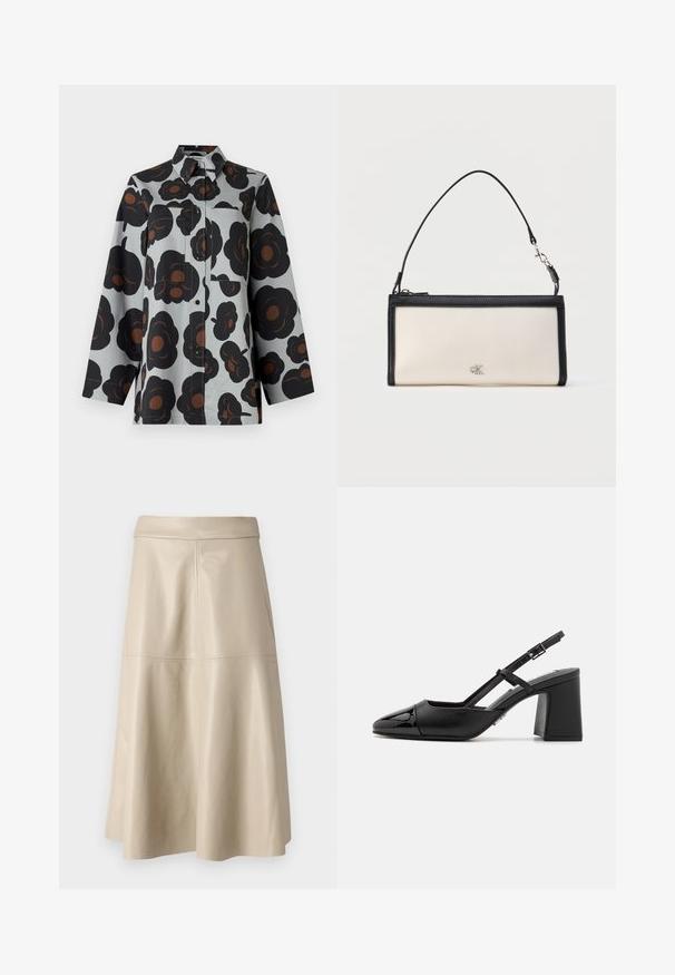 Langærmet skjorte med knapper, grå baggrund og stort sort og brunt blomsterprint, med to forlommer og krave.; Beige high-waist A-line lædernederdel med synlige sømdetaljer henover midten og tæt ved linningen.; Sorte patentlæder slingback hæle med spids tå, blokhæl og justerbar rem. Glat tekstur og minimalistisk design.; Rektangulær kremfarvet clutch med sort kant og håndtag, med en lille sølvfarvet "cK" logo i midten foran.