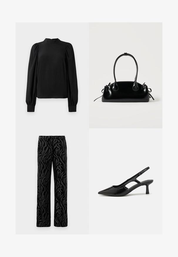 Schwarze Bluse mit langen Ärmeln, hohem Kragen, puffigen Schultern und eng anliegenden Manschetten, präsentiert auf einem weißen Hintergrund.; Schwarze Hose mit einem strukturierten, wirbelnden Muster. Aus weichem Material mit geradem Schnitt und elastischem Bund für besonderen Komfort.; Schwarze Slingback-Absätze mit spitzer Zehenpartie, aus glänzendem Material gefertigt, mit ausgeschnittenen Akzenten und einem moderaten Absatz für Unterstützung.; Kleine schwarze glänzende Handtasche mit zwei langen Griffen und seitlichen Kordelzug-Details vor einfachem hellem Hintergrund.