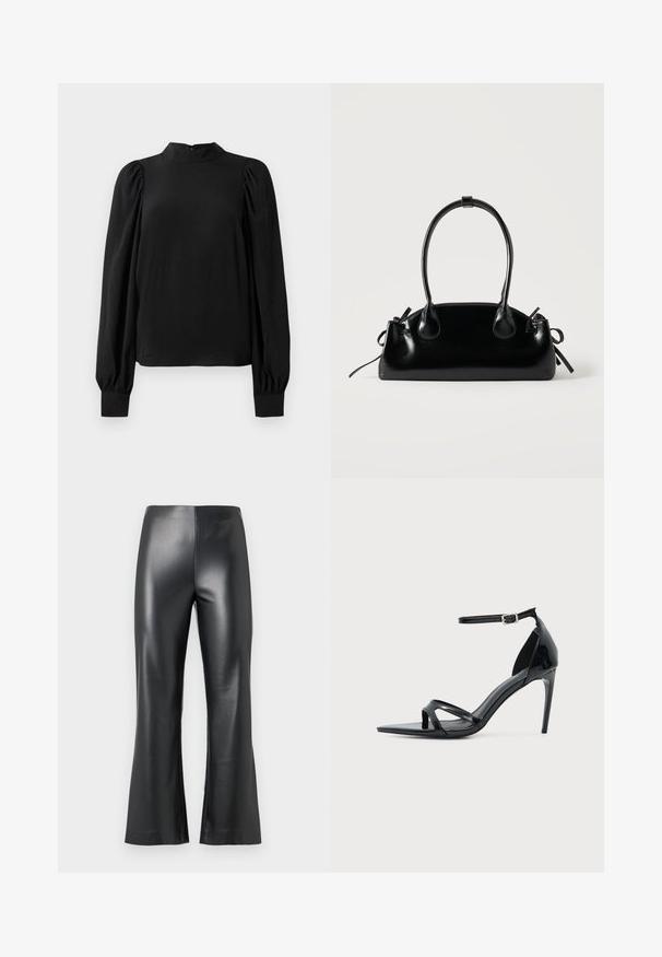 Schwarze Bluse mit langen Ärmeln, hohem Kragen, puffigen Schultern und eng anliegenden Manschetten, präsentiert auf einem weißen Hintergrund.; Schwarze Kunstlederhose mit weitem Bein, die eine glatte, glänzende Oberfläche und einen hohen Bund aufweist. Schlichte und elegante Erscheinung.; Schwarze Sandale aus Lackleder mit hohem Absatz, dünnem Knöchelriemen, offenem Zehenbereich und minimalistischem Design auf hellem, einfarbigem Hintergrund.; Kleine schwarze glänzende Handtasche mit zwei langen Griffen und seitlichen Kordelzug-Details vor einfachem hellem Hintergrund.