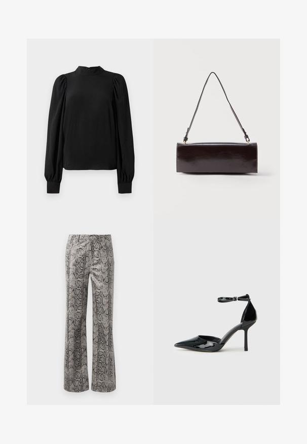 Mustat pitkät hihat ja korkea kaulus, puffimaiset olkapäät ja tiukat hihat, esitelty valkoista taustaa vasten.; Suorat lahkeet, joissa on musta ja harmaa käärmeennahkakuosi sekä edessä nappikiinnitys valkoista taustaa vasten.; Musta patenttinanahkakengät korkealla korolla, kärkiosassa on terävä muoto, nilkkaremmi ja hoikka stiletto-korko; sileä, kiiltävä pinta ja minimalistinen muotoilu.; Suorakulmainen musta nahkainen käsilaukku, jossa on yksi pitkä hihna ja kiiltävä viimeistely, esitettyä yksinkertaista valkoista taustaa vasten.