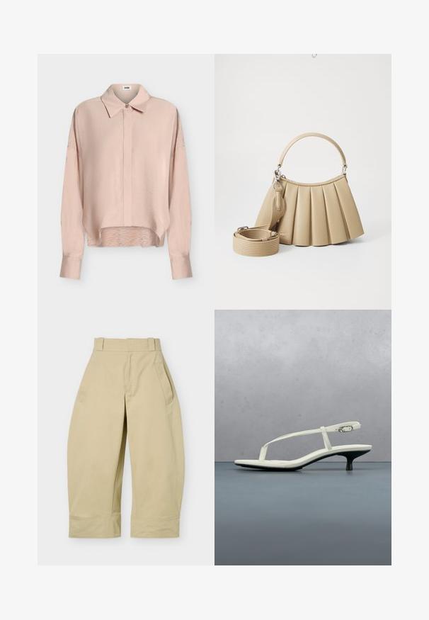 Blouse rose clair à manches longues, col pointu, patte de boutonnage à l’avant, épaules tombantes et ourlet légèrement incurvé.; Pantalon beige taille haute, coupe large et courte, avec passants de ceinture, poches latérales et coutures apparentes aux ourlets.; Sandale blanche à talon kitten avec des lanières et un bout pointu, flottant au-dessus d'un sol en carrelage en bois en plein air avec un arrière-plan flou de plante et de mur.; Lacoste LENGLEN BAG - Sac à main - viennois