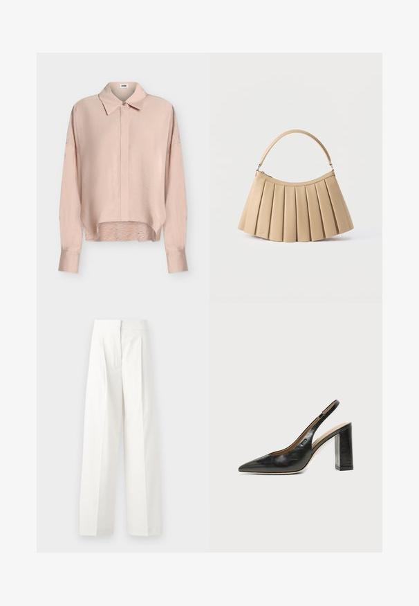 Blouse rose clair à manches longues, col pointu, patte de boutonnage à l’avant, épaules tombantes et ourlet légèrement incurvé.; Pantalons larges blancs à taille haute, dotés de plis à l'avant et d'une texture lisse, fabriqués en tissu léger.; Chaussure slingback en cuir noir à bout pointu avec un talon bloc haut et une doublure intérieure beige sur un fond clair uni.; Sac à main plissé beige avec fermeture éclair incurvée en haut et poignée arquée simple, présenté sur un fond blanc.