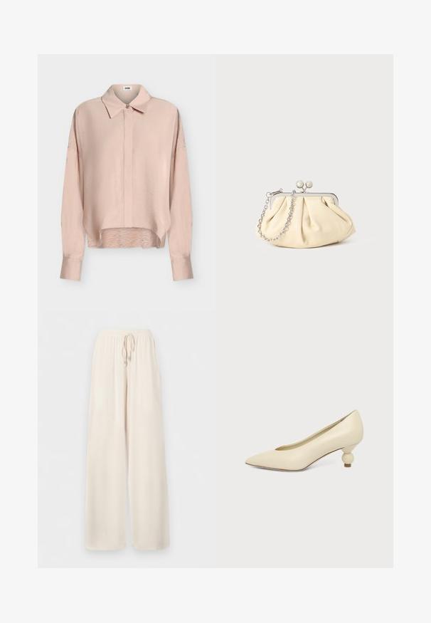 Blouse rose clair à manches longues, col pointu, patte de boutonnage à l’avant, épaules tombantes et ourlet légèrement incurvé.; Pantalon ample de couleur crème avec ceinture élastique et cordon de serrage, fabriqué en tissu léger.; Chaussure femme couleur crème à bout pointu avec un petit talon rond en forme de boule, sur fond uni.; Pochette en cuir beige plissé avec un cadre en métal argenté, dotée de deux fermoirs ronds décoratifs et d'une chaîne en argent.