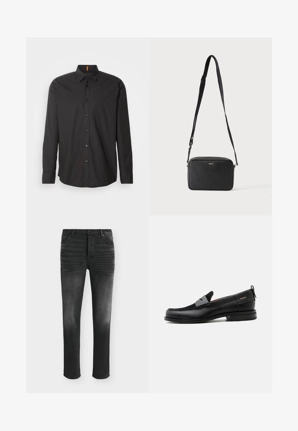 Chemise noire à manches longues en tissu léger. Elle dispose d'un col boutonné, de boutons à l'avant et d'un logo brodé sur la poitrine.; Jean skinny noir avec des détails délavés, style cinq poches et fermeture par bouton à la taille.; Mocassin en cuir noir avec détail de bride grise, talon bas et semelle texturée, marqué "HUGO" en or sur le côté.; Sac bandoulière rectangulaire noir avec sangle réglable et logo BOSS sur le devant, sur un fond clair uni.