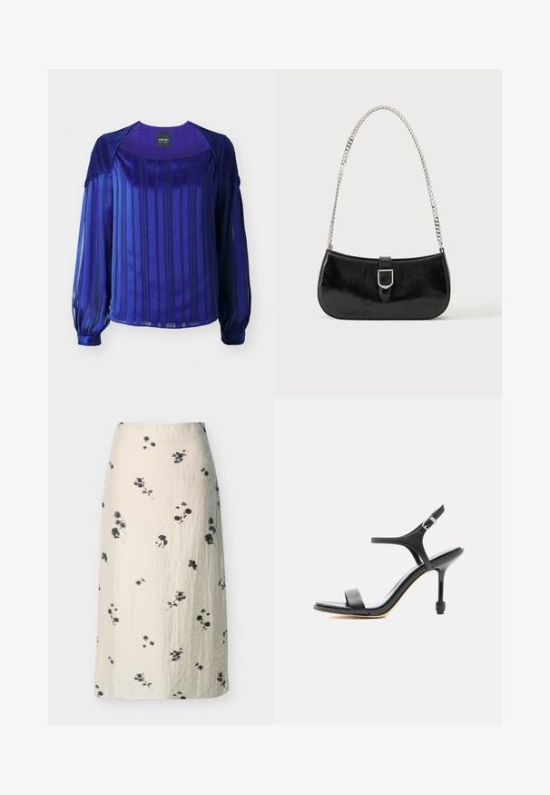 Blouse violette avec des manches longues et transparentes, des rayures verticales et des accents texturés aux épaules. Tissu lisse avec un léger brillant.; Jupe midi couleur crème avec imprimé floral noir et tissu subtilement texturé, coupe droite, sans fermetures ou poches visibles.; Sandale à talon haut en cuir noir avec fines lanières, bout ouvert et boucle réglable à la cheville, présentée sur un fond blanc uni.; Sac à épaule en cuir verni noir avec détail de boucle argentée et bandoulière en chaîne argentée, présenté sur un fond uni clair.