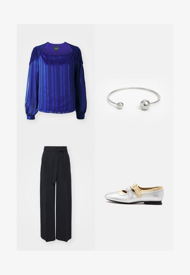 Blouse violette avec des manches longues et transparentes, des rayures verticales et des accents texturés aux épaules. Tissu lisse avec un léger brillant.; Pantalons noirs à jambes larges en tissu doux. Dotés d'une taille ceinturée et de plis avant. Texture lisse avec un design épuré et contemporain.; Chaussure plate avec finition argentée métallique, détail doré au talon et deux brides à boucle, une argentée et une dorée, sur fond blanc.; Bracelet jonc en métal argenté avec deux accents sphériques à chaque extrémité, surface lisse, design ouvert et forme épurée et minimaliste.