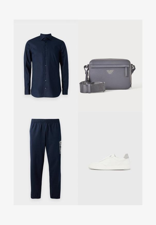 Camisa de manga larga azul marino de algodón, con diseño abotonado, cuello puntiagudo y botones negros en el frontal.; Pantalones de chándal azul marino con cintura elástica, piernas ajustadas y un logo blanco en el lateral. Tejido suave con una textura ligera.; Zapatilla blanca de corte bajo con pestaña en el talón gris, cordones blancos y suela texturizada, presentada sobre un fondo claro y liso.; Bolso bandolera rectangular gris oscuro con correa ajustable, bolsillo frontal con cremallera y emblema de logo plateado.