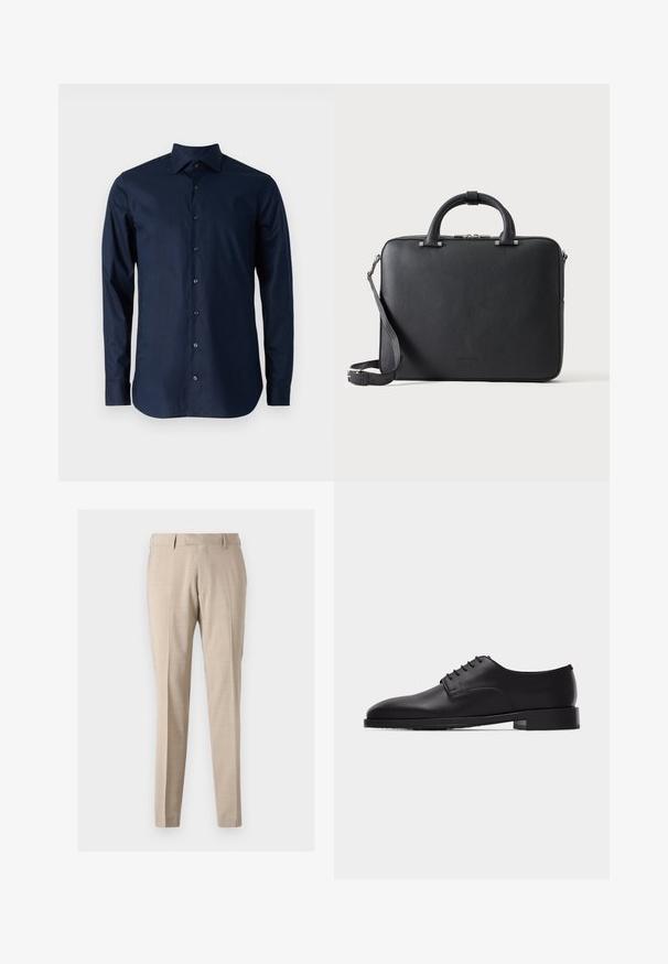 Marineblaues Langarmhemd aus Baumwolle mit Knopfverschluss, spitzem Kragen und schwarzen Knöpfen auf der Vorderseite.; Beige, taillierte Hose aus leichtem Stoff, mit vorderen Falten, zwei seitlichen Taschen und einer glatten Textur.; Schwarzer Herrenschuh aus Leder im Oxford-Stil mit geschlossener Schnürung und niedrigem, gestapeltem Absatz, seitlich auf weißem Hintergrund dargestellt.; Schwarze, strukturierte Leder-Aktentasche mit Doppelgriffen, abnehmbarem Schulterriemen und oberem Reißverschlussverschluss auf hellem, einfarbigem Hintergrund.