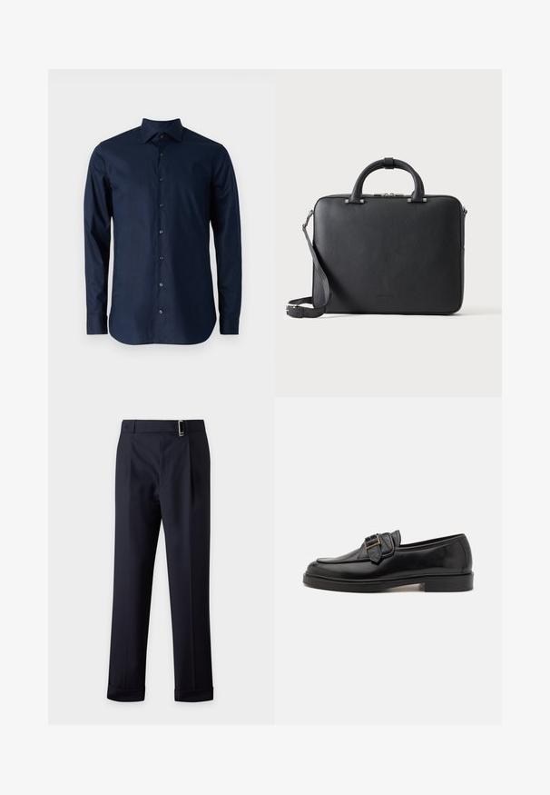 Chemise à manches longues bleu marine en coton, avec un design à boutons, col pointu et boutons noirs sur le devant.; Pantalon sur mesure bleu marine foncé avec ceinture, coupe slim, plis devant et ourlets retroussés sur un fond clair.; Mocassins en cuir noir avec un bout arrondi et une boucle décorative. Talon plat, solide et texture lisse sur l'ensemble.; Mallette en cuir noir texturé avec double poignée, bandoulière amovible et fermeture éclair supérieure sur un fond clair uni.