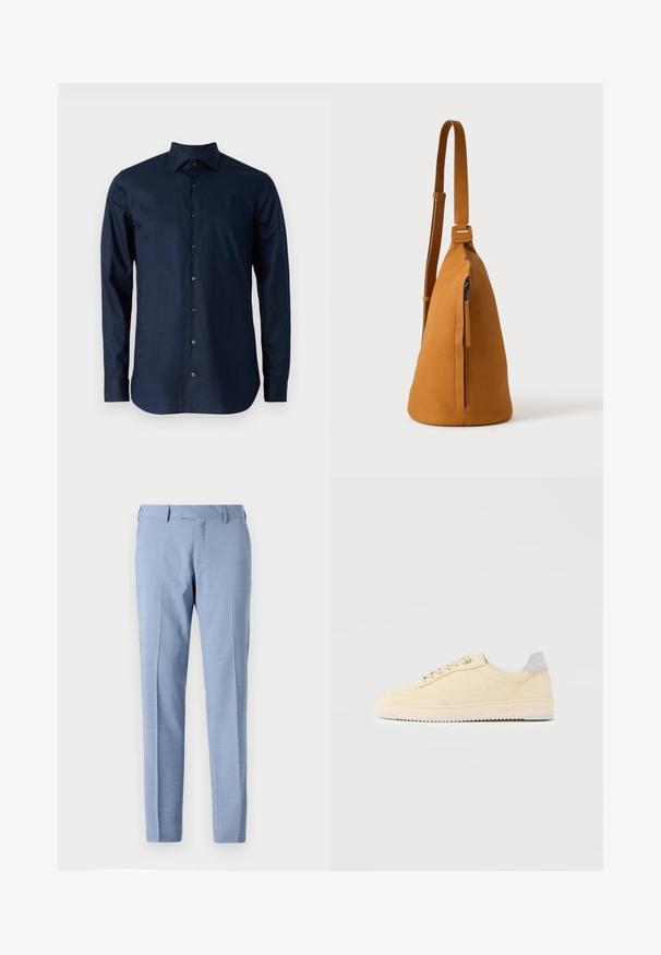 Chemise à manches longues bleu marine en coton, avec un design à boutons, col pointu et boutons noirs sur le devant.; Pantalon habillé bleu clair ajusté avec devant plat, poches latérales, passants pour ceinture et coupe droite sur un fond uni.; Baskets basses beige à lacets, semelle rose clair et languette grise à l'arrière marquée "Filling Pieces", vues de profil sur fond uni.; Sac besace en cuir couleur fauve avec sangle réglable et poche verticale zippée, présenté de profil sur un fond clair uni.