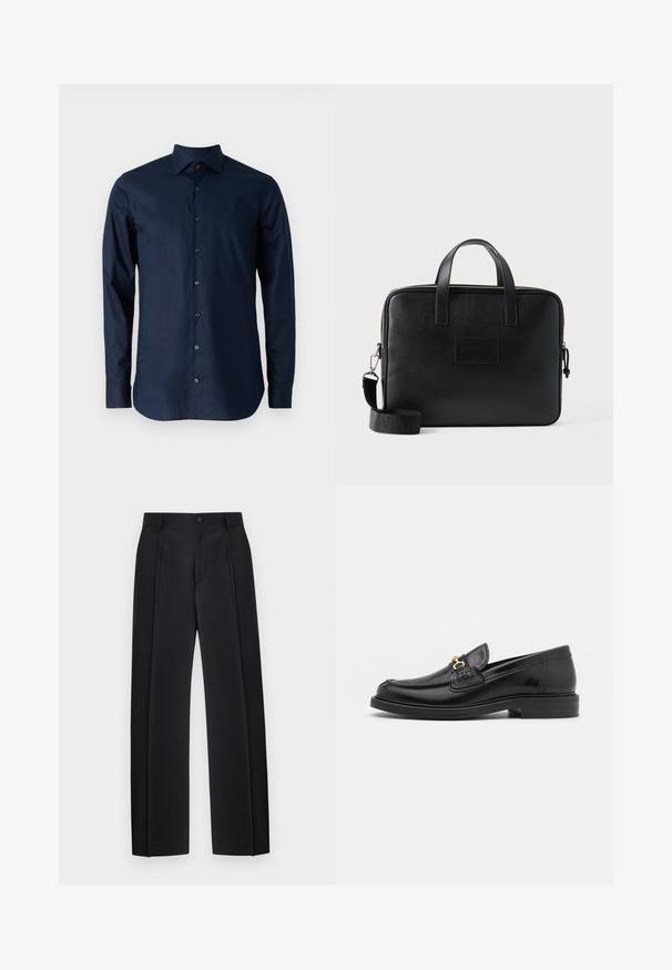 Camisa de manga larga azul marino de algodón, con diseño abotonado, cuello puntiagudo y botones negros en el frontal.; Pantalones negros de corte recto a medida con pliegues frontales, trabillas para cinturón y cierre de botón en la pretina.; Mocasines de cuero negro con punta redondeada, que cuentan con un detalle de herrajes dorados y costuras, situados sobre una suela de goma texturizada y baja.; Bolso para portátil de cuero negro con dos asas superiores, una correa de hombro desmontable, superficie texturizada y forma rectangular. Parche de logo estampado visible.