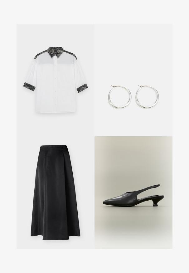 Camisa blanca con cuello texturizado negro y acentos en los hombros, mangas cortas y un frente con botones decorativos.; Falda midi negra de satén en línea A con cinturilla ajustada y tela suave y fluida sobre un fondo claro y liso.; Zapato slingback de cuero negro con punta afilada y tacón bajo tipo kitten sobre fondo neutro.; Los pendientes de aro de plata presentan un diseño suave y redondeado con un perfil delgado y un cierre seguro. Estilo minimalista con un acabado pulido.