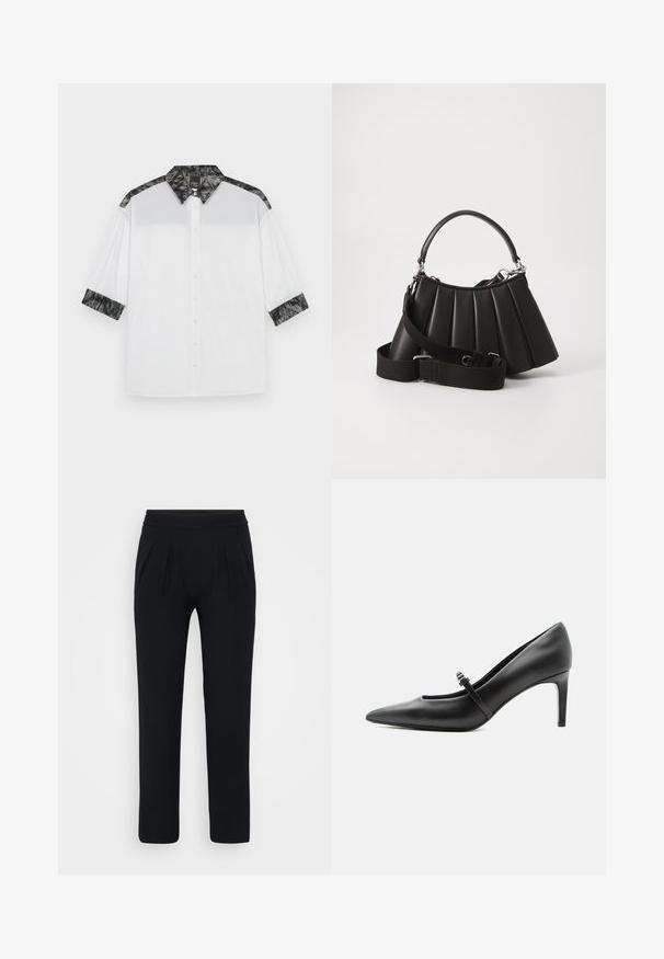 Camisa blanca con cuello texturizado negro y acentos en los hombros, mangas cortas y un frente con botones decorativos.; Pantalones negros de pierna ancha hechos de un tejido suave. Cuentan con una cinturilla elástica y dos pliegues frontales. Sin patrones ni herrajes visibles.; Zapato de tacón alto de cuero negro con punta puntiaguda, con tira fina y hebilla sobre el empeine, sobre fondo claro y neutro.; Bolso de mano negro con pliegues, manejo redondeado, correa ajustable y textura brillante. Presenta herrajes plateados y una silueta estructurada.