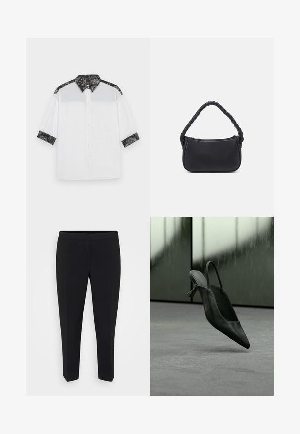 Camisa blanca con cuello texturizado negro y acentos en los hombros, mangas cortas y un frente con botones decorativos.; Pantalones negros a medida con un ajuste slim, con cierre de botón, textura suave y pliegues frontales para una apariencia refinada.; Zapato de tacón alto con punta puntiaguda y talón destalonado de cuero negro flotando sobre un suelo alfombrado gris, fondo de pared verdosa borrosa.; Bolso negro de forma redondeada, hecho de material liso. Presenta un asa trenzada y un cierre de cremallera para un almacenamiento seguro.