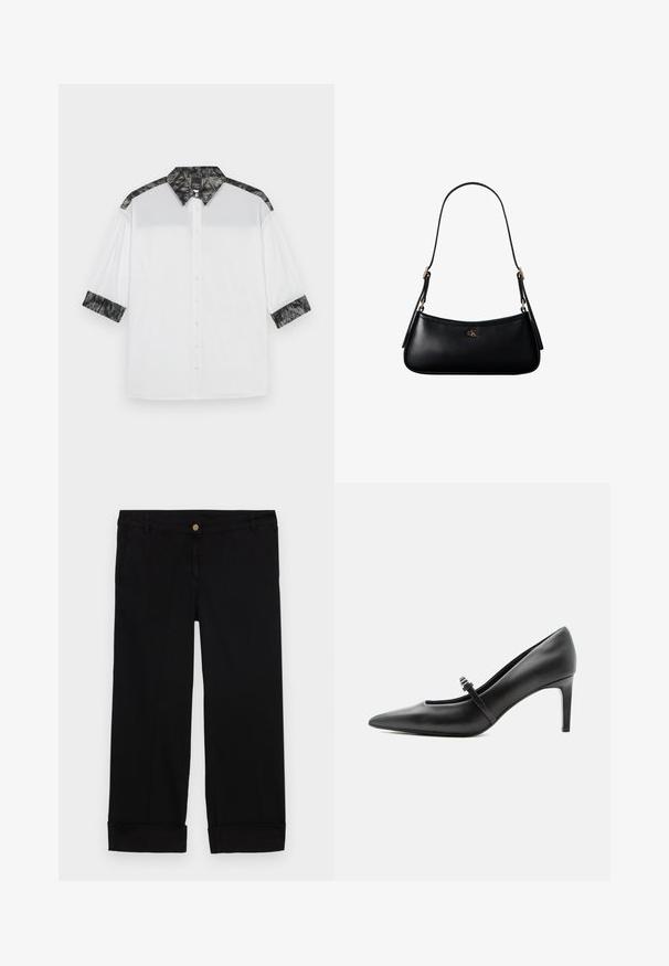 Camisa blanca con cuello texturizado negro y acentos en los hombros, mangas cortas y un frente con botones decorativos.; Pantalones de algodón negros con un corte recto, que cuentan con bolsillos frontales, un cierre de botón dorado y puños enrollados. Textura suave.; Zapato de tacón alto de cuero negro con punta puntiaguda, con tira fina y hebilla sobre el empeine, sobre fondo claro y neutro.; Mini bolso negro de cuero para hombro con correa delgada y pequeño logo dorado CK en el centro frontal.