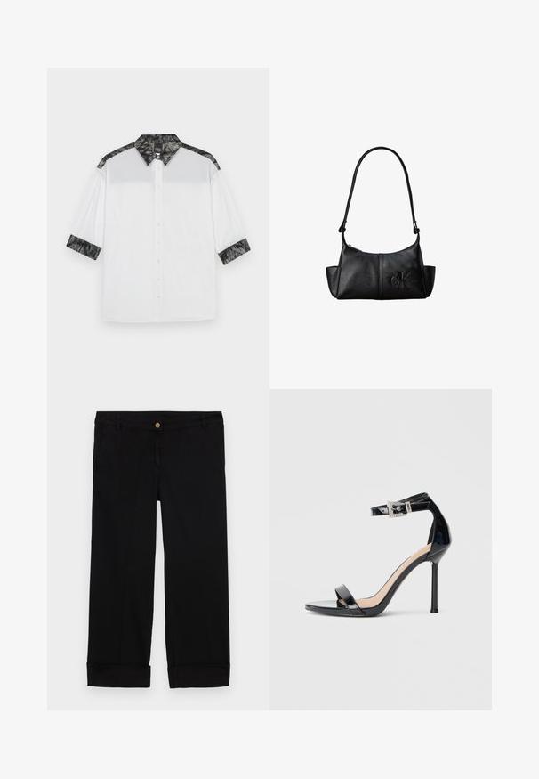 Camisa blanca con cuello texturizado negro y acentos en los hombros, mangas cortas y un frente con botones decorativos.; Pantalones de algodón negros con un corte recto, que cuentan con bolsillos frontales, un cierre de botón dorado y puños enrollados. Textura suave.; Sandalia de tacón alto en piel sintética negra con correa en el tobillo. Presenta un diseño minimalista, punta abierta y una hebilla con detalles de pedrería.; Bolso de hombro de cuero negro con correa larga, bolsillos laterales y logo de Calvin Klein en relieve en la parte delantera.