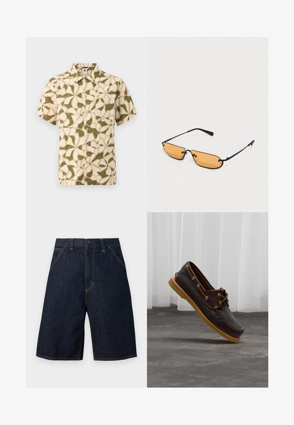 Chemise à manches courtes avec boutons, motif floral abstrait beige et vert olive, et une poche poitrine devant.; Short en jean bleu foncé avec poches avant, passants de ceinture et fermeture par bouton à la taille.; Chaussure bateau en cuir brun foncé avec semelle marron clair et détails en lacets, vue en angle au-dessus d'un sol gris avec des rideaux blancs en arrière-plan.; Lunettes de soleil style black metal avec des montures fines, affichant des verres allongés teintés d'orange et une subtile marque sur les branches.