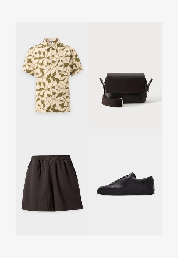 Chemise à manches courtes avec boutons, motif floral abstrait beige et vert olive, et une poche poitrine devant.; Jupe marron foncé à taille élastique avec poches latérales, longueur genou et en tissu doux, présentée à plat sur un fond clair.; Baskets basses en cuir noir avec lacets sur le devant et semelle en caoutchouc plate, vues de côté sur un fond blanc uni.; Sac bandoulière en cuir marron foncé avec fermeture à rabat et sangle en tissu réglable sur fond blanc.