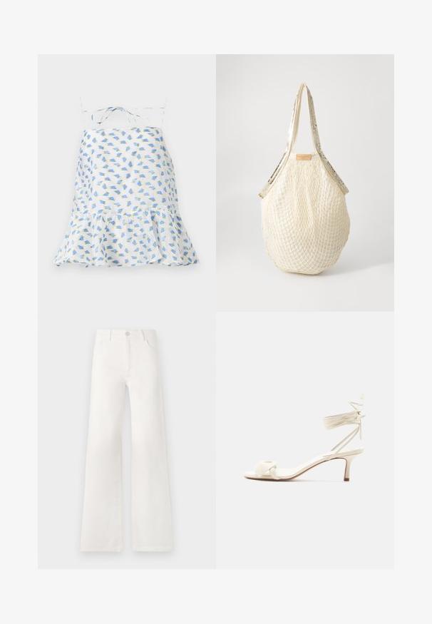 Hvid ærmeløs kjole med blomsterprint i blå og grøn. Har en volangkant og justerbare stropper. Let vævning, delikat tekstur.; Hvide, højtaljede bukser med bred ben lavet af denim. Har en knaplukning, to forlommer og sidesømme med syningsdetaljer.; Kremfarvet sandal med lave hæle, bindebånd om anklen og en bred snoet rem over tæerne på en ensartet hvid baggrund.; Cremefarvet netpose med et tekstureret vævet design og skinnende guldfarvede stropper. Lædermærke med brandlogo hænger fast øverst.