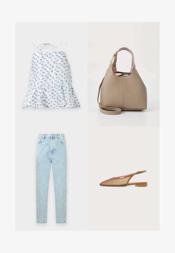 Witte mouwloze jurk met bloemenprint in blauw en groen. Heeft een gerimpelde zoom en verstelbare bandjes. Lichtgewicht stof, delicate textuur.; Lichtblauwe denim jeans met hoge taille, voorste knoop- en ritssluiting, voor- en achterzakken, getoond tegen een witte achtergrond.; Bruine platte slingbackschoen met spitse neus, mesh bovenwerk, lakaccent en kleine blokhak, zijaanzicht.; Lichtbruine leren handtas met een gestructureerde vorm, korte handgreep en een afneembare lange schouderriem. Bevat gouden hardware en een zachte roze binnenkant.
