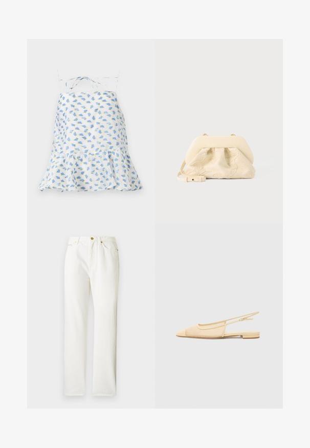 Hvid ærmeløs kjole med blomsterprint i blå og grøn. Har en volangkant og justerbare stropper. Let vævning, delikat tekstur.; Hvide denimbukser med lige ben-design, der har lukning med knap foran og en subtil tekstur. Inkluderer sidelommer og minimalt hardware.; Slingback fladsko i lys beige med en mesh-overdel, spids tå og en lav hæl. Har en justerbar strop for bedre pasform.; Håndtaske i kremfarvet stof med blomsterbroderi, blød afrundet topramme og justerbar rem, lagt foran på en lysegrå baggrund.
