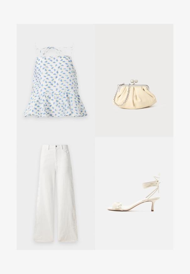 Vestido blanco sin mangas con estampado floral en azul y verde. Cuenta con un dobladillo con volantes y tirantes ajustables. Tejido ligero, textura delicada.; Vaqueros de pierna ancha blancos hechos de mezclilla, con patrones de bordado en los laterales y diseño tradicional de cinco bolsillos. Cierre de cremallera con botón.; Sandalia de tacón bajo color crema con lazos alrededor del tobillo y una amplia tira retorcida sobre los dedos, sobre un fondo blanco liso.; Clutch de cuero beige plisado con un marco de metal plateado, que cuenta con dos broches decorativos redondos y una correa de cadena plateada.