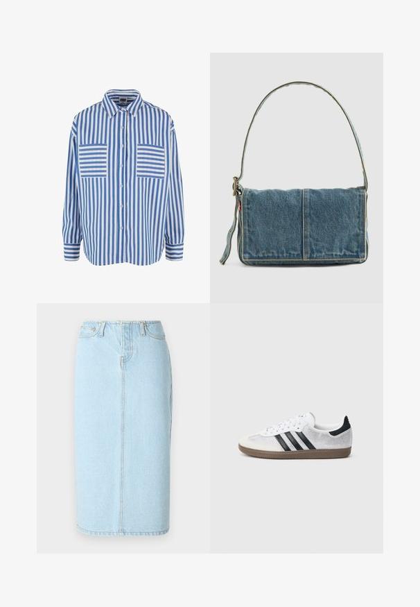 Blau-weiß gestreiftes Hemd mit Knopfleiste, langen Ärmeln und zwei Brusttaschen mit horizontalen Streifen. Baumwollmaterial, lockere Passform.; Helle blaue Denim-Bleistiftrock mit hoher Taille, Fünf-Taschen-Design und subtilen Stickdetails entlang der Nähte.; Weißer Mesh-Sneaker mit schwarzen Streifen, beiger Wildleder-Kappe an der Spitze und am Absatz, strukturierter Gummisohle und weißen Schnürsenkeln. Klassisches Low-Top-Design.; Denim-Schultertasche mit umschlagbarem Design, hellblauer Farbe, sichtbarer Naht, verstellbarem Tragegurt und einem seitlichen Etikettakzent.