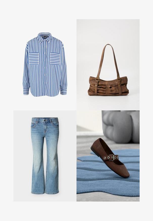 Blau-weiß gestreiftes Hemd mit Knopfleiste, langen Ärmeln und zwei Brusttaschen mit horizontalen Streifen. Baumwollmaterial, lockere Passform.; Hellblaue Jeans mit ausgestelltem Bein aus Denim, ausgestattet mit klassischem Fünf-Taschen-Design, Knopfverschluss und allmählichem Verblassen zum Saum hin.; Brauner Wildlederflacher Schuh mit Schnallenriemen auf einem strukturierten blauen Teppich, im Hintergrund graue, getuftete Möbel.; Even&Odd Handtasche - brown