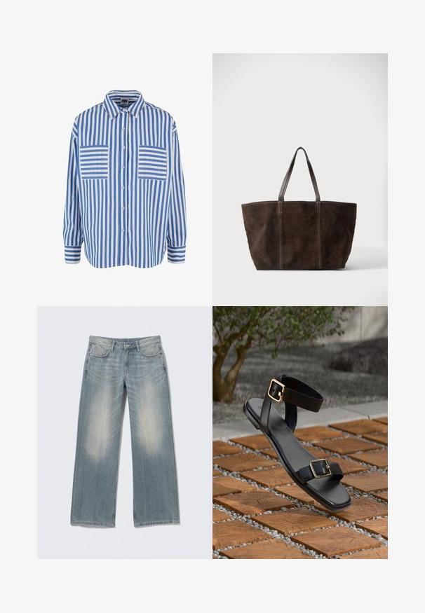 Blå- og hvidstribet skjorte med knapfront, lange ærmer og to brystlommer med vandrette striber. Produceret i bomuldsstof med afslappet pasform.; Lyseblå jeans med vide ben og falmet finish, lavet af denim. Har bæltestropper, forlommer og lynlås med knaplukning.; Sort lædersandal med firkantet tå og ankelrem med spænder i guldfarve. Glat tekstur; placeret på baggrund af trægulv.; Mørkebrun ruskindstaske med to sorte læderhåndtag og lodrette syninger, vist mod en enkel lys baggrund.