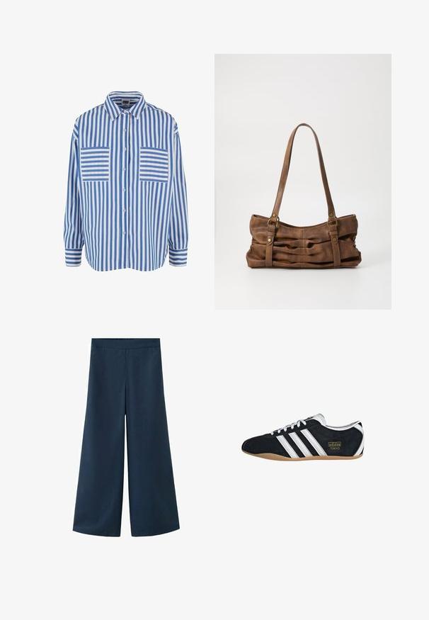 Blau-weiß gestreiftes Hemd mit Knopfleiste, langen Ärmeln und zwei Brusttaschen mit horizontalen Streifen. Baumwollmaterial, lockere Passform.; Marineblaue Hosen mit weitem Bein und elastischem Bund. Hergestellt aus einem glatten, leichten Stoff, mit einer legeren Silhouette und ohne sichtbare Nähte.; Schwarze Wildledersneaker mit drei weißen Streifen, goldenem Logo und brauner Gummisohle. Merkmale ein niedrigprofiliertes Schnürdesign.; Even&Odd Handtasche - brown